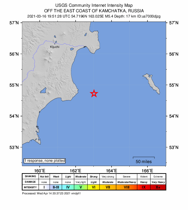 USGS DYFI community-reported intensity map for the M5.4 earthquake near 171 km SSE of Ust’-Kamchatsk Staryy, Russia