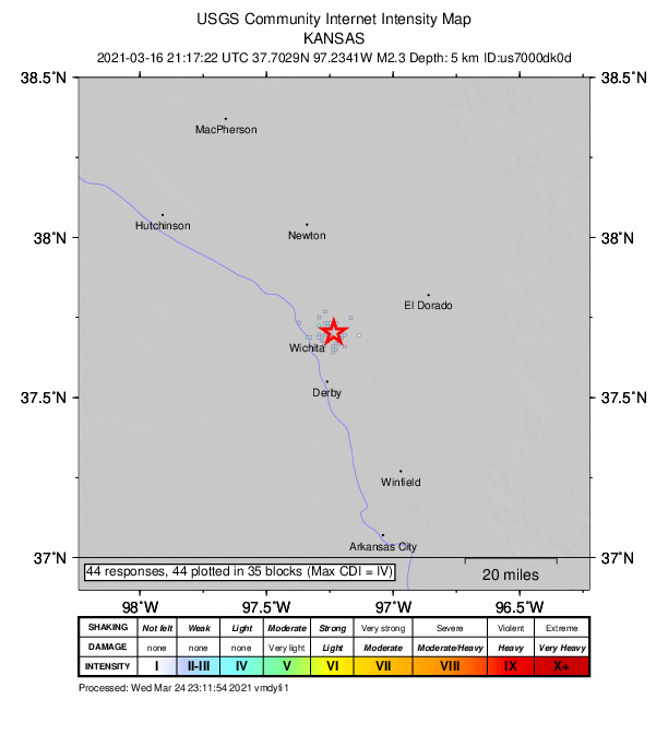 USGS DYFI community-reported intensity map for the M2.3 earthquake near 3 km ENE of Eastborough, Kansas