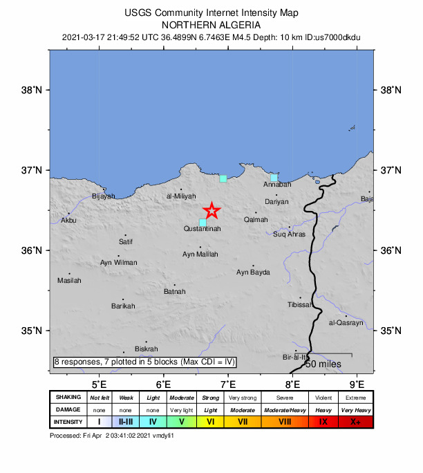 USGS DYFI community-reported intensity map for the M4.5 earthquake near 10 km ENE of Didouche Mourad, Algeria