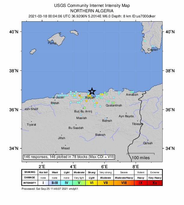 USGS DYFI community-reported intensity map for the M6.0 earthquake near 21 km NNE of Bejaïa, Algeria