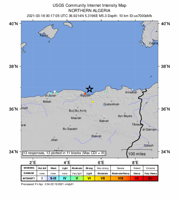 USGS DYFI community-reported intensity map for the M5.0 earthquake near 26 km NE of Bejaïa, Algeria