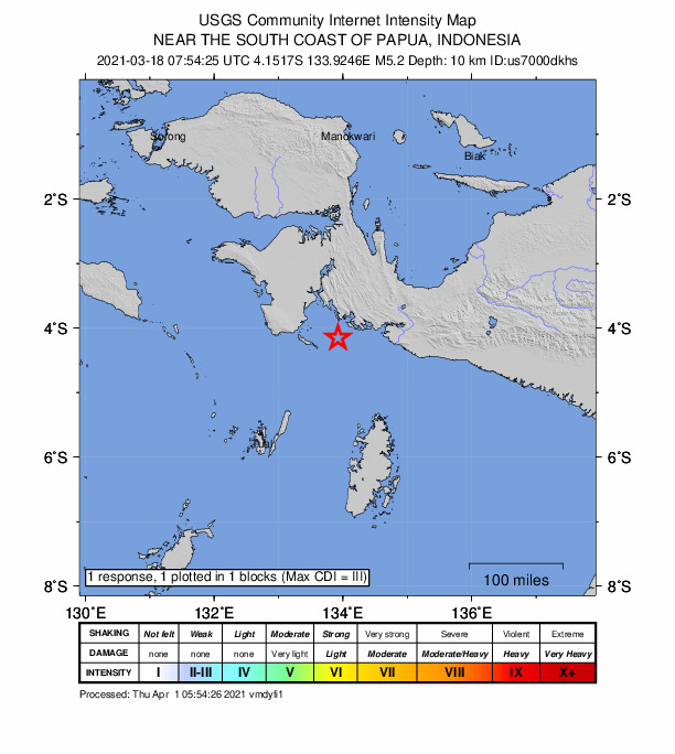 USGS DYFI community-reported intensity map for the M5.2 earthquake near 195 km WSW of Nabire, Indonesia