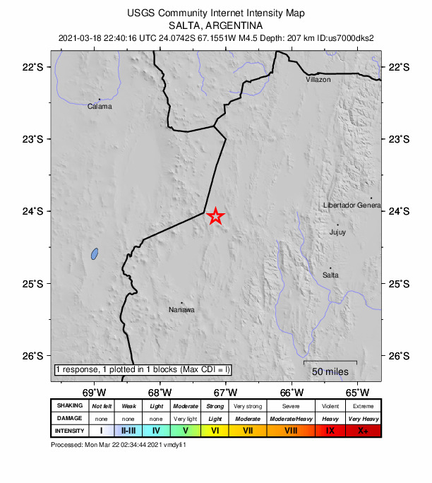 USGS DYFI community-reported intensity map for the M4.5 earthquake near 85 km W of San Antonio de los Cobres, Argentina