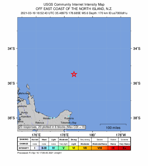 USGS DYFI community-reported intensity map for the M5.6 earthquake near off the east coast of the North Island of New Zealand