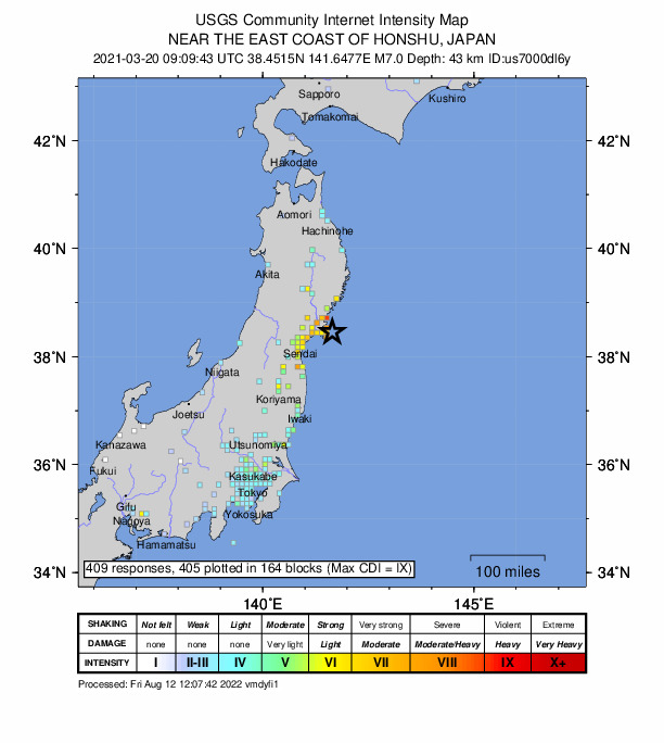 USGS DYFI community-reported intensity map for the M7.0 earthquake near 30 km E of Ishinomaki, Japan