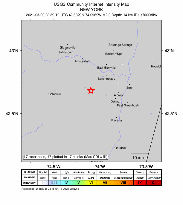 USGS DYFI community-reported intensity map for the M2.0 earthquake near 5 km WSW of Altamont, New York