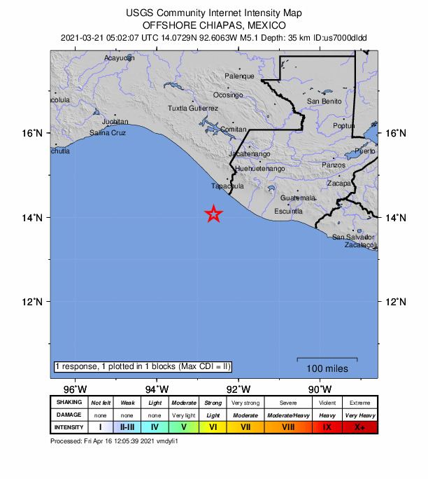 USGS DYFI community-reported intensity map for the M5.1 earthquake near 66 km SW of Ocós, Guatemala