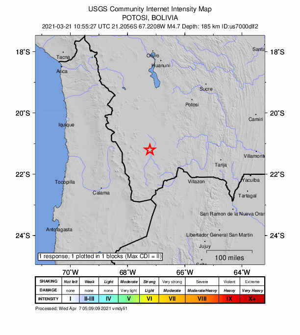 USGS DYFI community-reported intensity map for the M4.7 earthquake near 92 km SSW of Uyuni, Bolivia