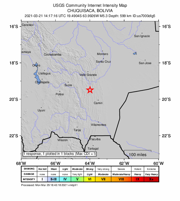 USGS DYFI community-reported intensity map for the M5.3 earthquake near 34 km N of Monteagudo, Bolivia