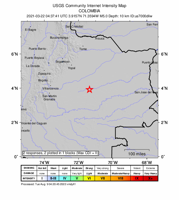 USGS DYFI community-reported intensity map for the M5.0 earthquake near 91 km ESE of Puerto Gaitán, Colombia