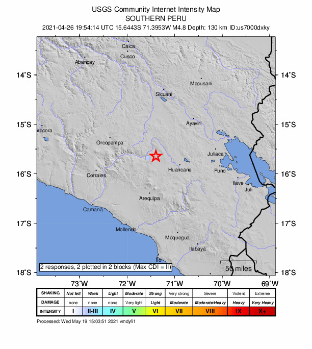 USGS DYFI community-reported intensity map for the M4.8 earthquake near 10 km W of Llongasora, Peru