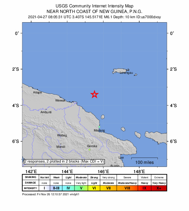 USGS DYFI community-reported intensity map for the M6.1 earthquake near 176 km ENE of Angoram, Papua New Guinea