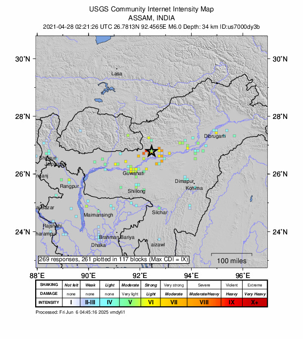 USGS DYFI community-reported intensity map for the M6.0 earthquake near 8 km NNW of Dhekiajuli, India