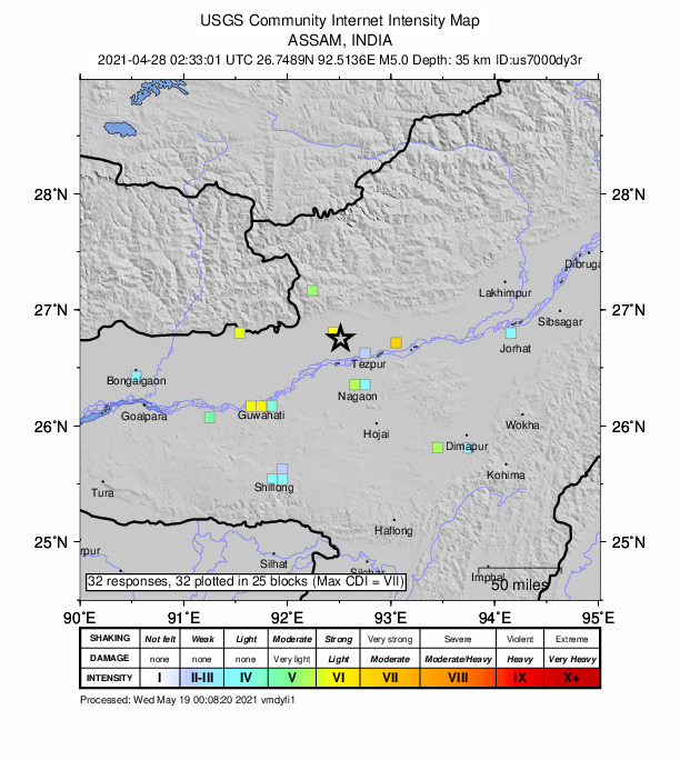 USGS DYFI community-reported intensity map for the M5.0 earthquake near 6 km NE of Dhekiajuli, India