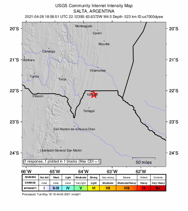 USGS DYFI community-reported intensity map for the M4.5 earthquake near 12 km SSE of Yacuiba, Bolivia