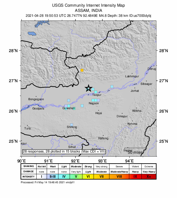 USGS DYFI community-reported intensity map for the M4.8 earthquake near 4 km N of Dhekiajuli, India