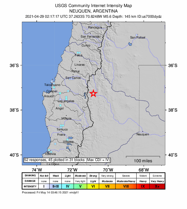 USGS DYFI community-reported intensity map for the M5.6 earthquake near 17 km WSW of Andacollo, Argentina