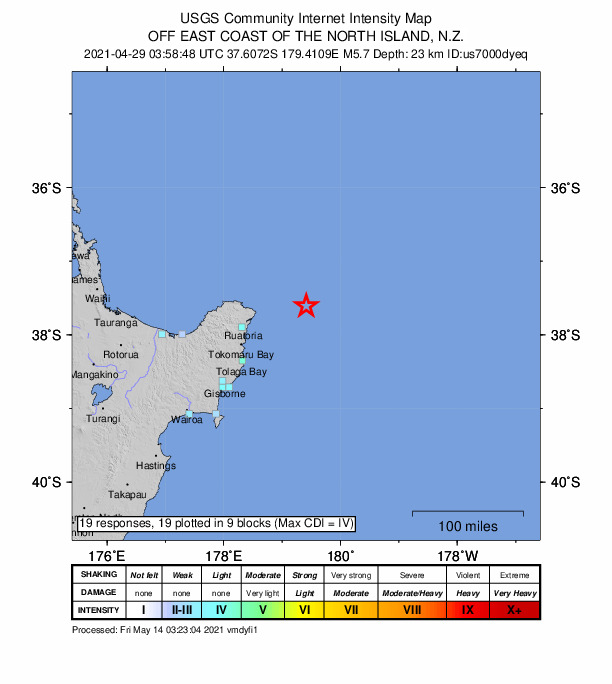 USGS DYFI community-reported intensity map for the M5.7 earthquake near 169 km NE of Gisborne, New Zealand