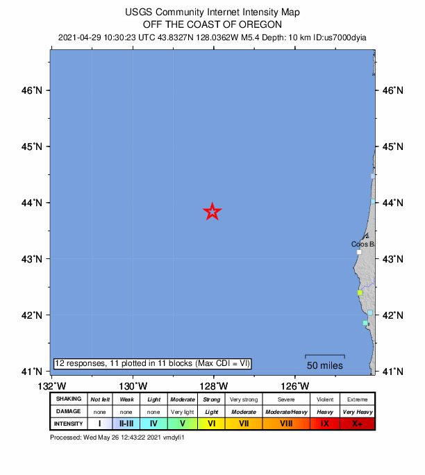 USGS DYFI community-reported intensity map for the M5.4 earthquake near off the coast of Oregon