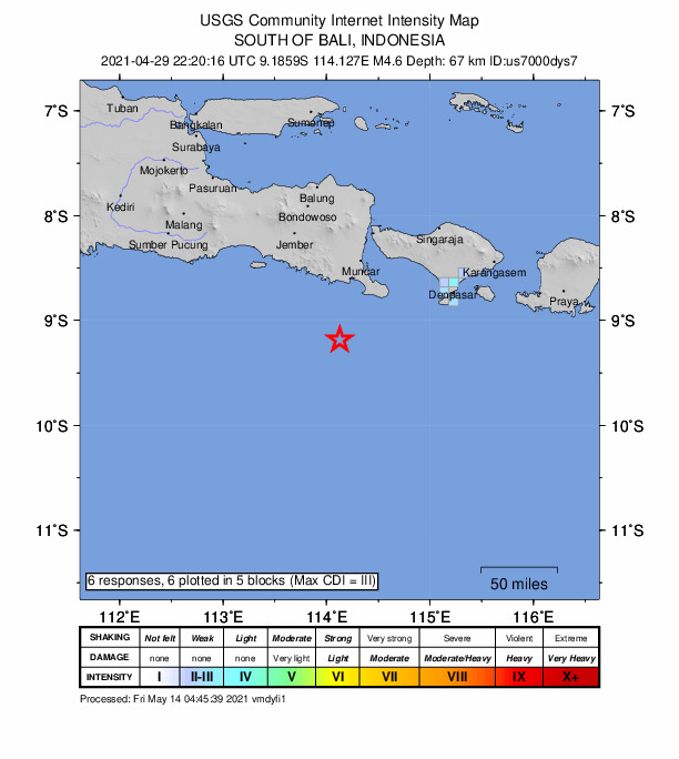 USGS DYFI community-reported intensity map for the M4.6 earthquake near 86 km SSW of Muncar, Indonesia