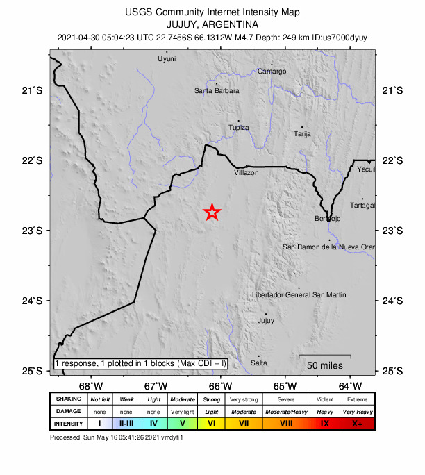USGS DYFI community-reported intensity map for the M4.7 earthquake near 44 km W of Abra Pampa, Argentina