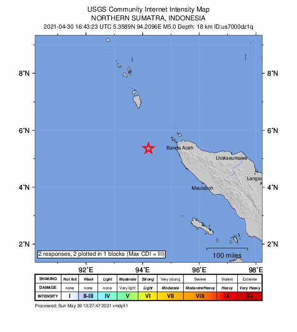 USGS DYFI community-reported intensity map for the M5.0 earthquake near 128 km WSW of Banda Aceh, Indonesia