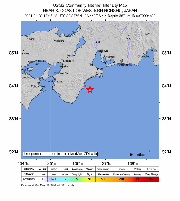 USGS DYFI community-reported intensity map for the M4.4 earthquake near 30 km SE of Owase, Japan