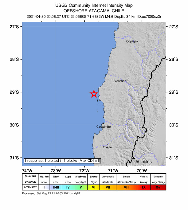 USGS DYFI community-reported intensity map for the M4.3 earthquake near 104 km NNW of La Serena, Chile