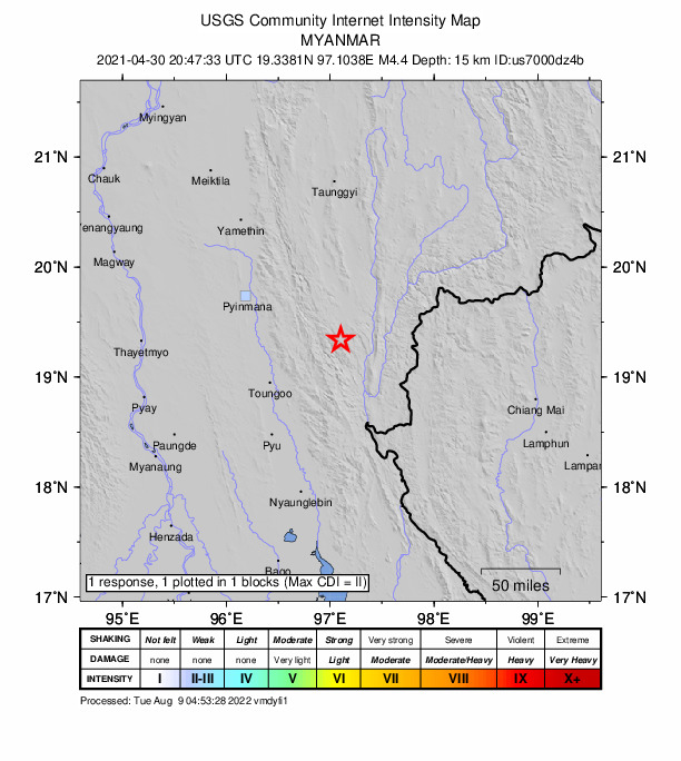 USGS DYFI community-reported intensity map for the M4.4 earthquake near 39 km SSW of Loikaw, Myanmar