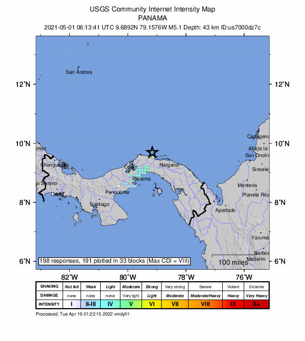 USGS DYFI community-reported intensity map for the M5.1 earthquake near 17 km NNE of Santa Isabel, Panama
