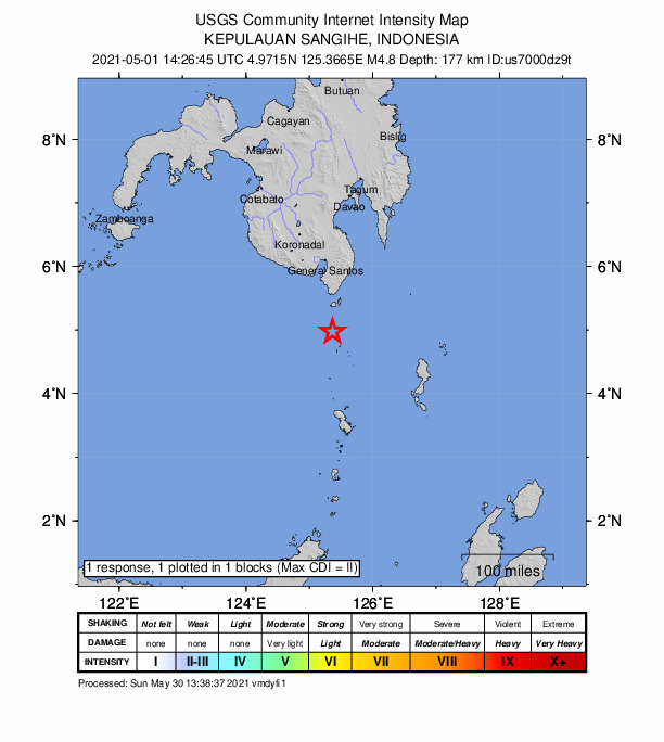 USGS DYFI community-reported intensity map for the M4.8 earthquake near 48 km SSW of Sarangani, Philippines
