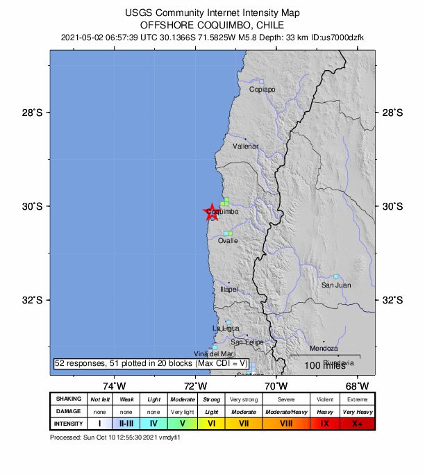 USGS DYFI community-reported intensity map for the M5.8 earthquake near 31 km SW of Coquimbo, Chile