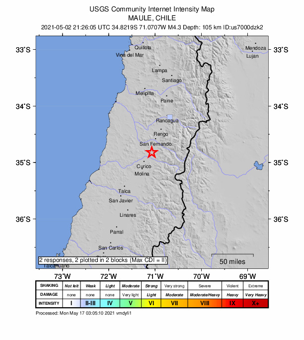 USGS DYFI community-reported intensity map for the M4.3 earthquake near 9 km ENE of Teno, Chile