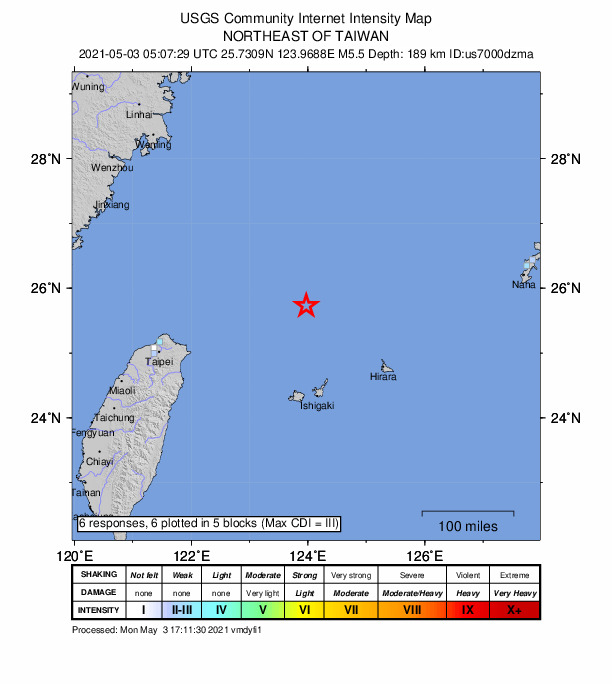 USGS DYFI community-reported intensity map for the M5.5 earthquake near 160 km N of Ishigaki, Japan