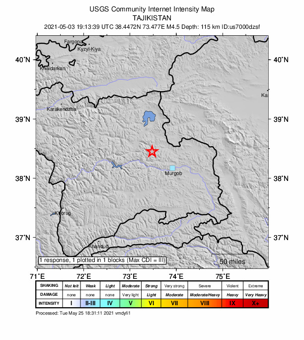 USGS DYFI community-reported intensity map for the M4.5 earthquake near 52 km NW of Murghob, Tajikistan