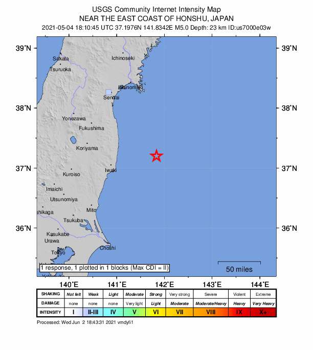 USGS DYFI community-reported intensity map for the M5.0 earthquake near 82 km ESE of Namie, Japan
