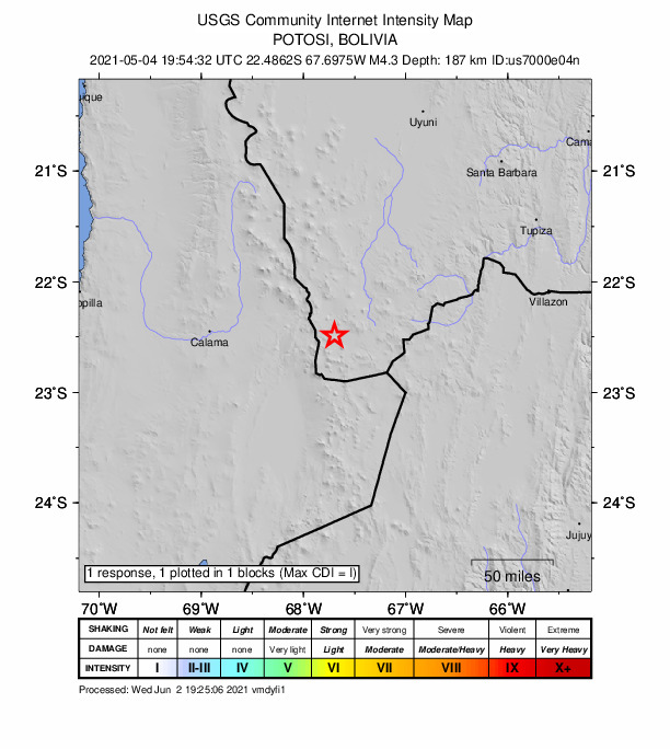 USGS DYFI community-reported intensity map for the M4.3 earthquake near 69 km NE of San Pedro de Atacama, Chile
