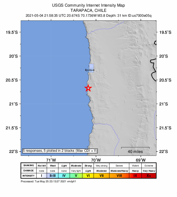USGS DYFI community-reported intensity map for the M3.8 earthquake near 51 km S of Iquique, Chile