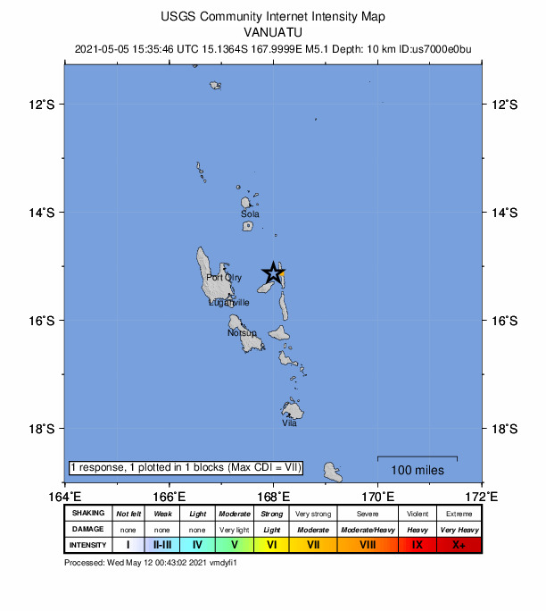 USGS DYFI community-reported intensity map for the M5.1 earthquake near 99 km ENE of Luganville, Vanuatu
