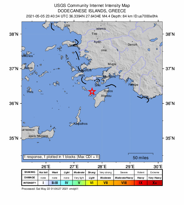 USGS DYFI community-reported intensity map for the M4.4 earthquake near 22 km WNW of Émponas, Greece