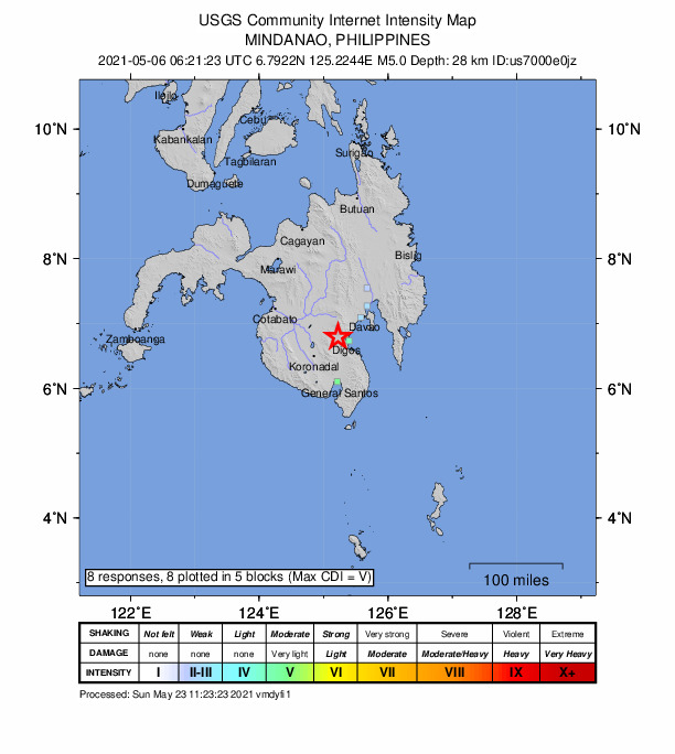 USGS DYFI community-reported intensity map for the M5.0 earthquake near 1 km W of Magsaysay, Philippines