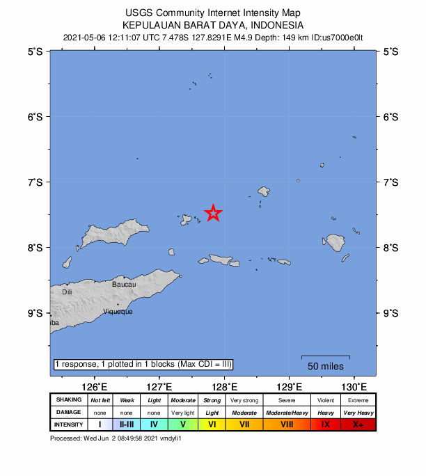 USGS DYFI community-reported intensity map for the M4.9 earthquake near 147 km NE of Lospalos, Timor Leste