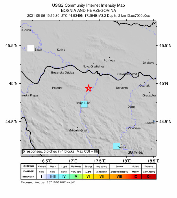 USGS DYFI community-reported intensity map for the M3.2 earthquake near 2 km N of Laktaši, Bosnia and Herzegovina