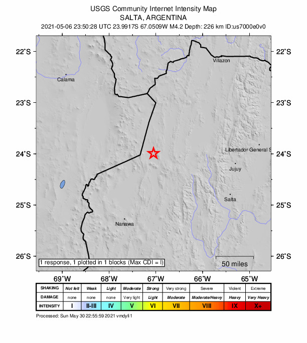 USGS DYFI community-reported intensity map for the M4.2 earthquake near 78 km WNW of San Antonio de los Cobres, Argentina