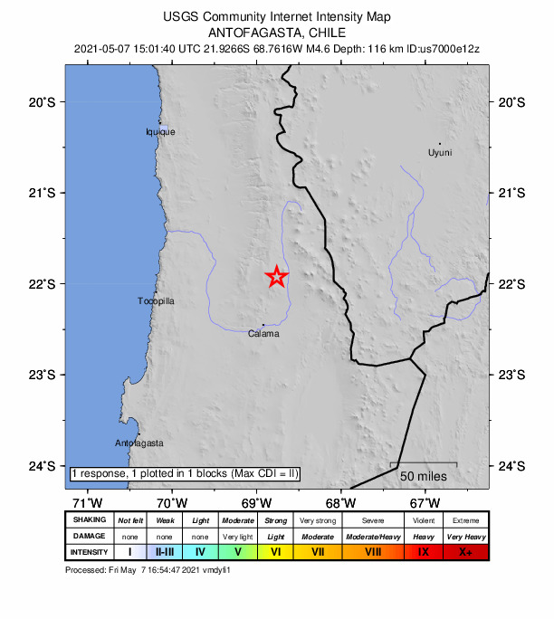 USGS DYFI community-reported intensity map for the M4.6 earthquake near 61 km NNE of Calama, Chile