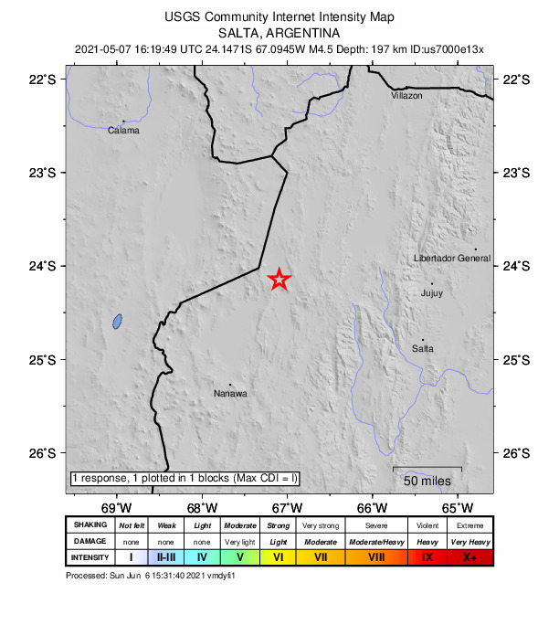 USGS DYFI community-reported intensity map for the M4.5 earthquake near 79 km W of San Antonio de los Cobres, Argentina