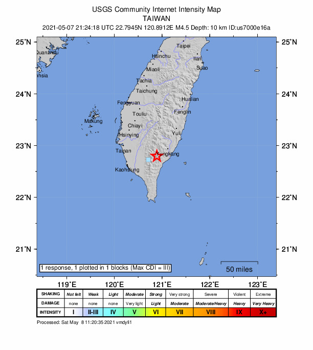USGS DYFI community-reported intensity map for the M4.5 earthquake near 55 km SE of Yujing, Taiwan