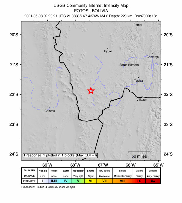 USGS DYFI community-reported intensity map for the M4.6 earthquake near 141 km NE of San Pedro de Atacama, Chile