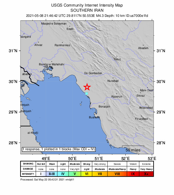 USGS DYFI community-reported intensity map for the M4.3 earthquake near 26 km N of Bandar-e Gen?veh, Iran