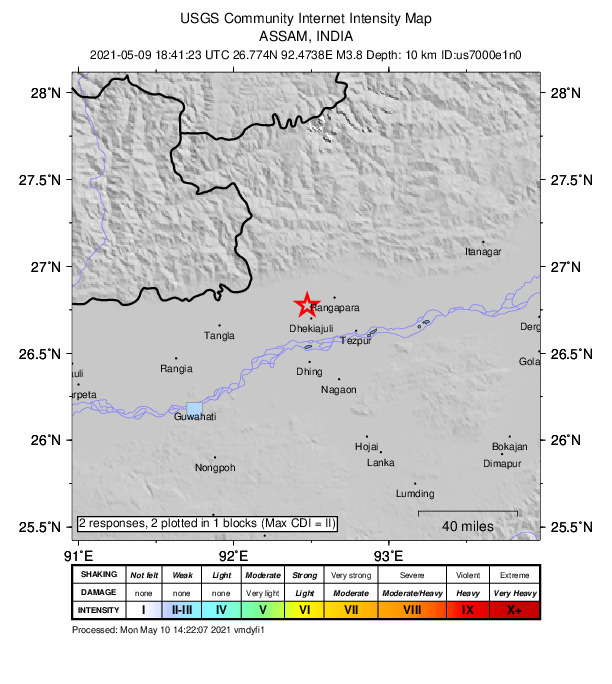 USGS DYFI community-reported intensity map for the M3.8 earthquake near 7 km N of Dhekiajuli, India